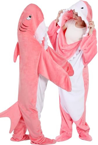 BEVITA Hai-Decke, Kapuzenpullover, Damen, Dinosaurier, tragbare Decke, Geschenke für Erwachsene, Einteiler, PInk Shark, Medium