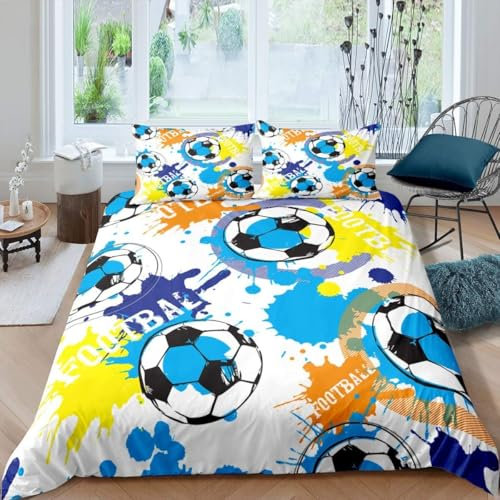 TACOKI Bettwäsche 135x200 Fußball, 3D Muster Sport Bettwäsche Set Weich Kuschelig Mikrofaser Bettbezug mit Reißverschluss Bettbezüge + 2 Kissenbezug 80x80 cm 2893z