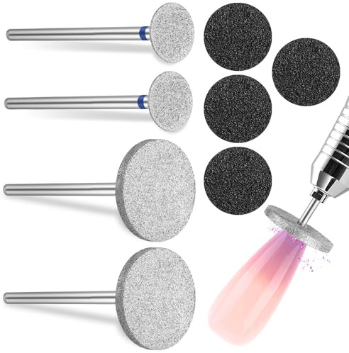 Dimeho Sanding Disc Nail Drill Bits, 4 Pcs Metal Nail Bit Set with 4 Pcs Replaceable Pedicure Sandpapers Suitable for Most Electric Foot Files Carbide Flat Nail Drill Bits Hard Skin Remover Discs