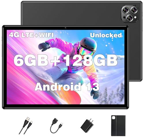 Tablet Android Tablets 10 Inch, Octa-Core Android 13 Unlocked Tablet with SIM Card Slot, 128GB ROM+6GB RAM, 5MP+13MP Camera/5G WIFI GPS/BT/6000mAh/1280*800 IPS Screen/Cellular Tablet with Case (Black)