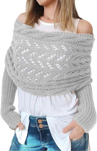 CCAIPU Schal mit Ärmeln für Damen, Winter Weiche Schals und Wraps mit Ärmeln, Gestrickte Kabel Wrap Hollow Verlängernde Doppel Ärmel Schal Schal (Grau)