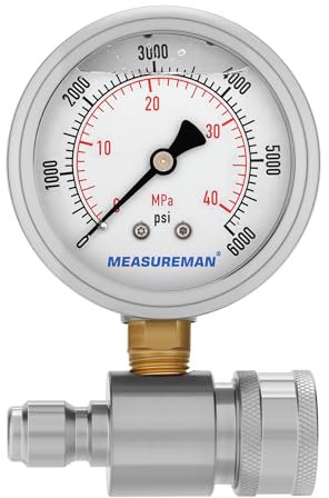 Measureman Pressure Washer Gauge Kit, 2-1/2 Inch, 6000 PSI, 3/8 Inch Stainless Steel Quick Connect, Liquid Filled Design