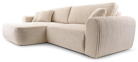 FurniShop24 Ecksofa mit Schlaffunktion und Bettkasten – Stilvolles Schlafsofa 297x169 cm mit Bequemer Polsterung und Dekokissen, L-Form Sofa, Eckcouch für Wohnzimmer Happy Beige Links