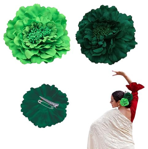 Pack 2 | Clips de Pelo de Clavel para Flamenca | Flor Flamenca Pelo | Peineta Flamenca y Accesorios para la Feria de Abril | Sevillana, Boda y Fiesta | Verde Esmeralda