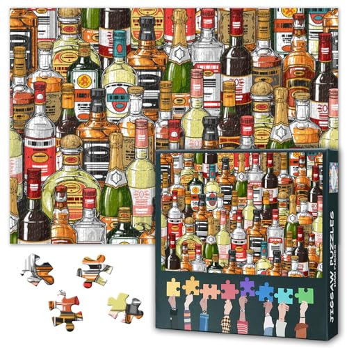 1000 Piece Jigsaw Puzzle for Adults - Vintage Alcohol Bottles Collection, Colorful Retro Liquor Art Design Puzzle, Premium Puzzle Board, 27.5x19.7 in
