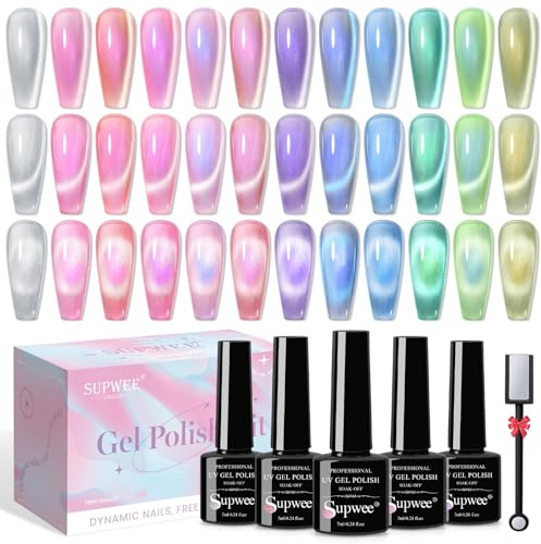 SUPWEE Cat Eye UV Gel Set, 12 Farben Cat Eye Nagellack Holografisches Magnetisch Gel Nail Polish mit Magnetstift 9D Katzenauge UV Nagellack für DIY-Maniküre Art 7ML