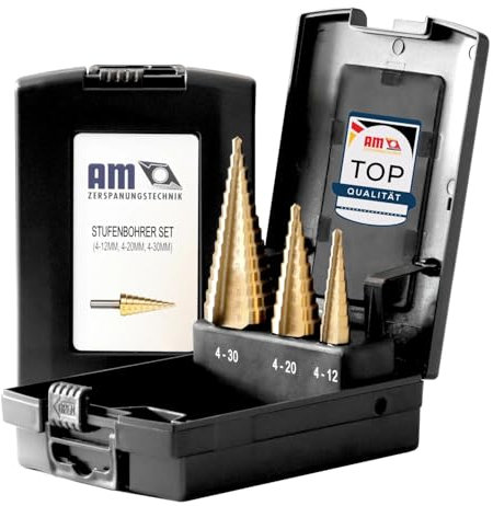 AM-Zerspanungstechnik HSS TiN Stufenbohrer Set 3-tlg | Schälbohrer Satz | Stufenbohrer Metall, Holz, Kunststoff | Konusbohrer (3er Set Ø4-12 | Ø4-20 | Ø4-30)