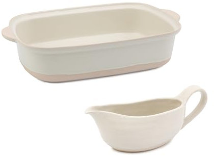 Jamie Oliver Big Love Epic Roast Set, Stoneware Roaster with Side Handles Oven Dishwasher-Safe, 39 x 25 x 8CM, Stoneware White Gravy Boat, Microwave, Dishwasher, Oven-Safe, 23x8x10CM, 400ML
