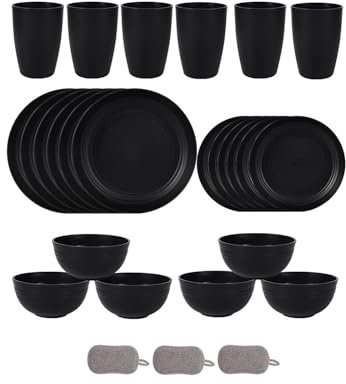 Set di Posate in Plastica Ciotole Piatti e Bicchieri Infrangibili Posate da Picnic Riutilizzabili Adatto a Microonde e Lavastoviglie Adatto Per Feste di Compleanno Campeggio (Nero, Set da 24)