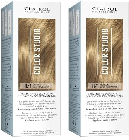 Clairol Professional Color Studio Permanente Haarfarbe Aschblond 8/1 (110 ml) – mit Metal-Purifier für 6 x weniger Haarbruch, 10 Wochen sattes Farbergebnis & 100% Grauabdeckung – inkl. Haarkur
