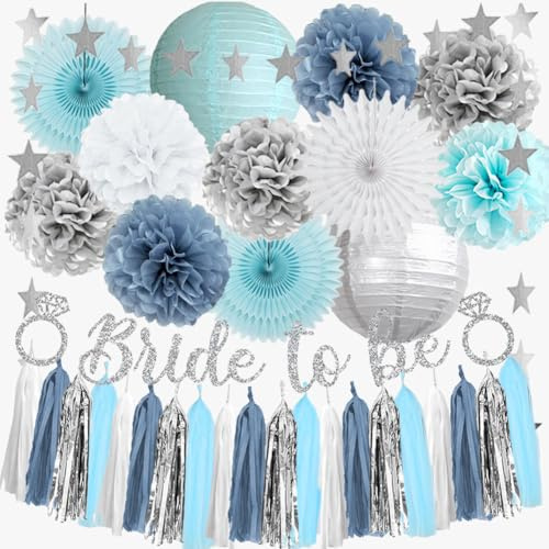 JGA Deko Blau Bride to Be Deko Blau Weiß Silber JGA Deko Frauen Blau Silber Junggesellinnenabschied Frau Hellblau Dusty Blue Brautparty Kit mit Bride to Be Girlande Quaste Weiß