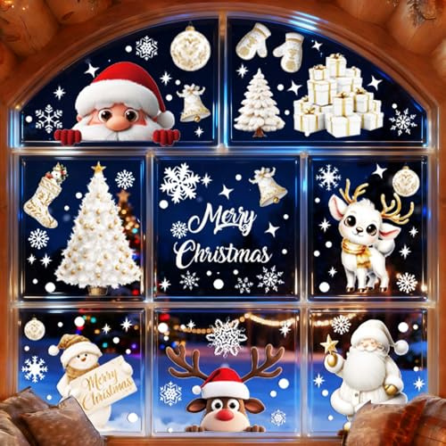 9 Hojas Pegatinas de Navidad para Ventanas Cristal, Decoracion Navidad Hogar Reutilizables, Pegatinas Navideñas Ventana Cristales Adornos Navideños Casa Interior Copos de Nieve Papá Noel Regalo Reno