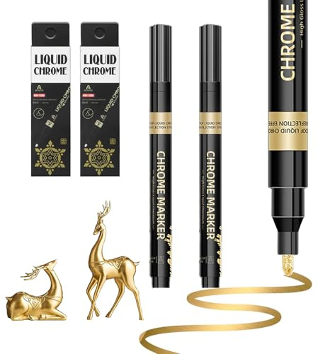 Yolkify 2 Pcs Gold Metallic Chrome Markers, 1-3mm Liquid Paint Pens, Waterproof Permanent Mirror Markers for Metal, Glass, Plastic, Art Supplies, DIY Craft