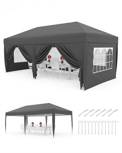 3x6m Waterproof Stable Winterproof Height Adjustable, Folding Pavilion One-Person Assembly Heavy-Duty Commercial Instant Tent, 6 Side Walls - Gray