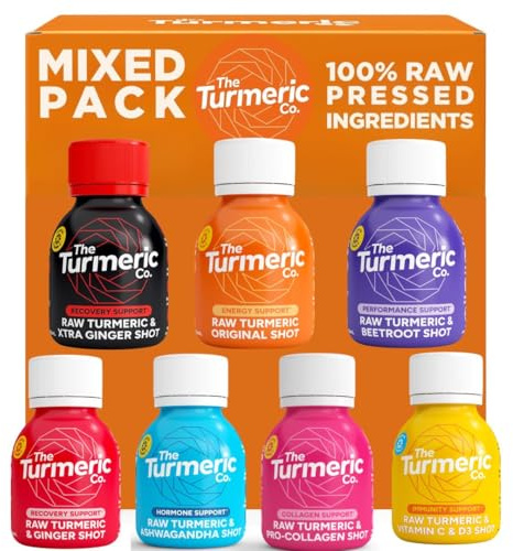 The Turmeric Co Turmeric Shots with Mixed Flavours – 7 x 60ml Fresh Pressed Ingredients, Immune System Booster Shots, Natural Energy Drink, No Added Sugars, Created by A Premier League Footballer