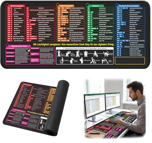 Excel Mauspad Deutsch XXL, 900x400x2mm Großes Schreibtischunterlage | mit Shortcuts für Excel, Word, PPT und Windows, Verbessert Geschwindigkeit, Anti Rutsch Schreibtischunterlage für Büro