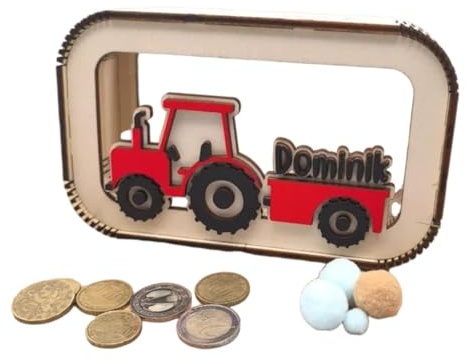 Personalisierte Traktor Spardose aus Holz mit Namen, Sparbüchse für Kinder, Geldgeschenk zur Geburt, Taufe, Geburtstag, Naturholz, gefertigt in deinen Wunschfarben