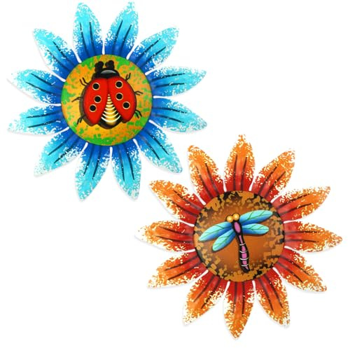 Weysoo Sunflower Garden Ornaments Outdoor,2 PCS Metal Wall Art Decor, 3D Colorful Hanging Decoration, Wall Sculptures with Dragonfly & Ladybug Pattern for Garden Fence Yard Shed Decor
