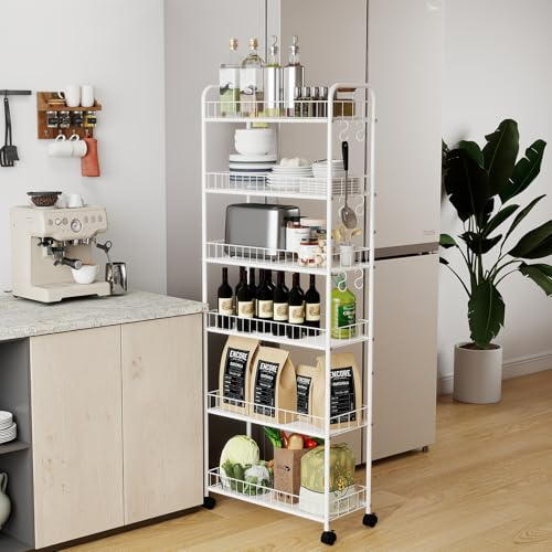 HAUSPROFI Küchenregal Schmal, 6 Etagen Regal mit Rollen, 4 Abschließbaren Rädern und Fußpolstern, 6 Haken, Griff und Korb, für Enge Räume wie Küche, Badezimmer usw., Weiß (58,0 × 25,4 × 155,5 cm)