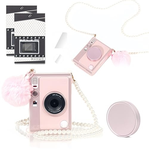 6-in-1 Decorative Bundle Compatible with FUJIFILM instax mini Evo, for Pink Transparent Case, Lens Cap, Screen Protectors, Keychain, Pompom and Pearl Chain (Crystal Case (Pearl Bracelet: 40cm))