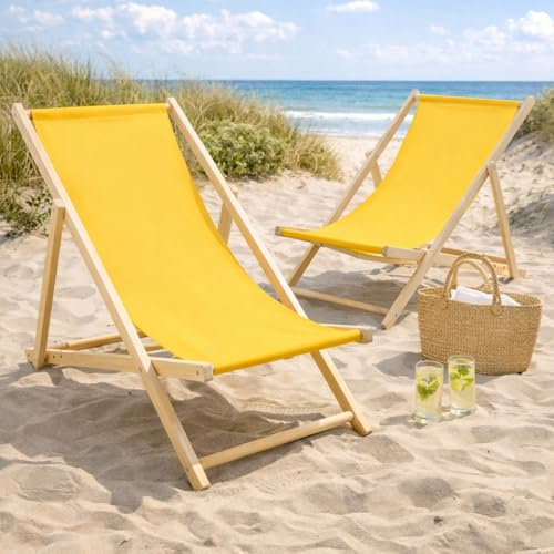 HAGO24 Strandliege Gelb 2er Set Sonnenliege Gartenliege Liegestuhl Klappstuhl Holz Kiefernholz Polyester 3fach verstellbar faltbar Balkon Terrasse 120kg