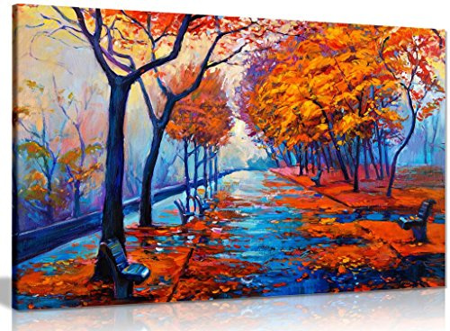 Abstract Oil Painting Autumn Park With Empty Benches Canvas Wall Art Picture Print (36x24in)