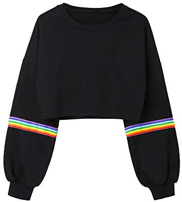 DEELIN des Femmes Nouvelle Mode Crew Neck Sweat Crop Arc en Ciel Rayé Imprimé Manche Longue de Lanterne Manche Top Court Noir