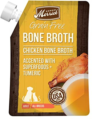 Merrick Grain Free Bone Broth, Premium Human Grade And Gluten Free Dog And Cat Food Topper Pouches, Chicken - 16 oz. Pouch