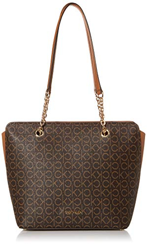 Calvin Klein Damen Hailey Signature Top Zip Chain Tote, Braun/Khaki/Karamell Linear