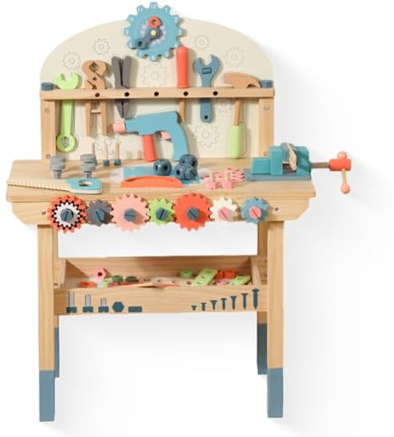 Wooden Power Tool Workbench for Kids, Building Tools Sets Pretend Play Toys - Construction Workbench with Wrench, Screwdriver, Miter Saw and Hammer - Educational Gift for Toddlers Age 3 and Up