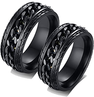 ANAZOZ 2 Stück Eheringe Paarpreis Edelstahl 8mm Kette Design Drehbar Eheringe Elegant Freundschaftsringe Schwarz Trauringe Hammerschlag mit Kostenlos Gravur Frau:60 (19.1) & Mann:54 (17.2)