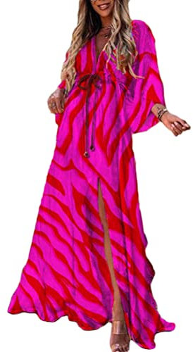 Onsoyours Femmes Boho Maxi Robe De Plage Elegante Floral Feuille Imprimé Longue Robe Manches Courtes Floral Dress D'Été De Vacances Taille Haute Rétro Jupe De Plage X Rose Rouge XXL