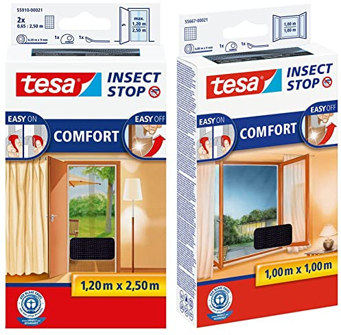 tesa Insect Stop COMFORT Fliegengitter für Türen - Insektenschutz Tür mit Klettband anthrazit (2 x 65 cm)120 cm x 250 cm & Insect Stop COMFORT Fliegengitter für Fenster anthrazit, 100 cm x 100 cm
