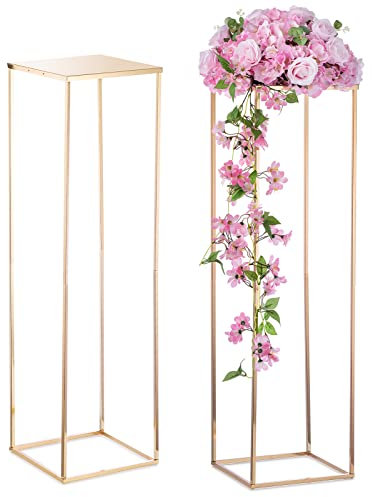 Nuptio Grands Centres Vase Or - 2 Pièces 100cm Haut Vases À Fleurs Vase Sol en Métal Colonne Géométrique Centres Table Mariage Supports Présentoir Rectangulaire pour Mariages Décorations
