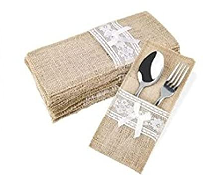 LUMoony Jute Bestecktaschen Besteckbeutel Besteckhalter 11 * 21cm Natur Jute Besteck Messer und Gabeln Besteckset Besteck Jute Tisch Jute Bestecktasche für Vintage Party Hochzeit Zuhause Deko