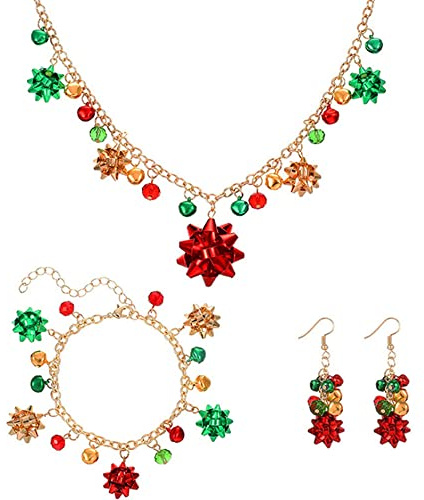 Candy Color Christmas Jingle Bell Cute Ornament Chain Dangle Drop Earrings Dainty Flower Bracelets Necklaces for Women Teen Girls Stocking Stuffers Hypoallergenic Party Gift for Daughter Set Christmas