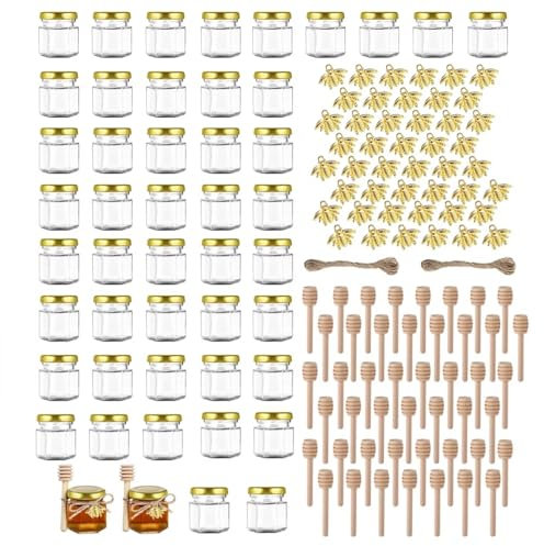 GIVAMEIHF Lot de 48 mini bocaux à miel en verre avec couvercles - 42,5 g - Petits pots à miel avec cuillère - Étiquettes de remerciement, corde de jute, bocaux vides en verre pour confitures, fête