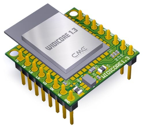 CME WIDI Core - Smart (BLE) Breakout Board, das hochwertiges MIDI über Bluetooth Low Energy implementiert, wie von CME entwickelt, mit integrierter PCB-Antenne und bestückter Stiftleiste
