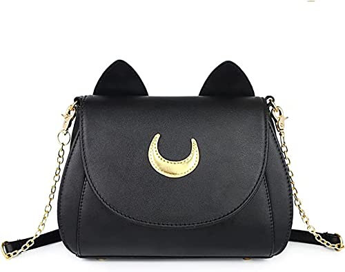 LIAOLI Mode Frauen Kawaii Handtasche Moon Sailor Luna Cosplay Messenger Crossbody Katze Geldbörse Pailletten Satchel Umhängetasche, Fa221212-moon-bk, 9.4 inch
