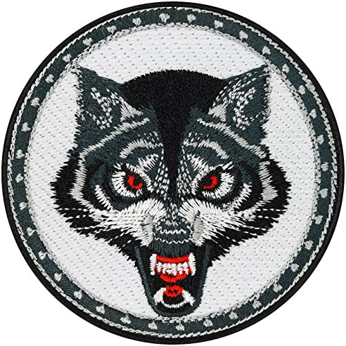 Parches ropa termoadhesivos de lobo con ojos rojos | Parche bordado vikingo para motociclistas y rockeros | Adhesivo con bordado para planchar en todo tipo de telas | 70x70mm