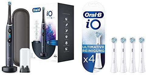 Oral-B iO Series 8 Elektrische Zahnbürste, black onyx & iO Ultimative Reinigung Aufsteckbürsten für elektrische Zahnbürste, ultimative Zahnreinigung mit iO Technologie, 4 Stück (1er Pack)
