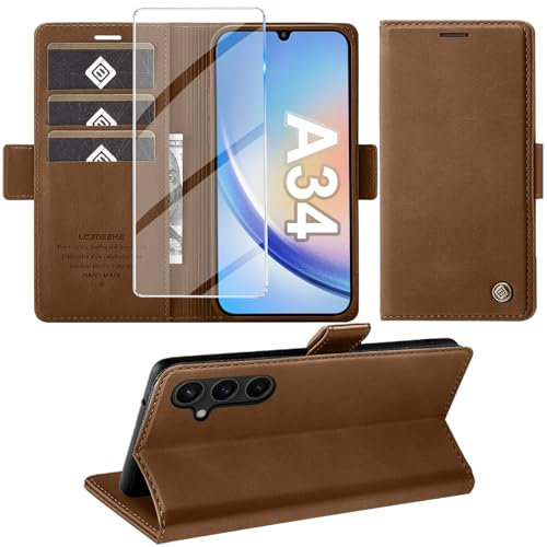 Giyer Handyhülle für Samsung Galaxy A34 Hülle Standfunktion Kartenfach Wallet Premium Leder Schutzhülle Galaxy A34 5G Flip Case Cover Stoßfeste Klapphülle Galaxy A34 6.6 Zoll (Braun)