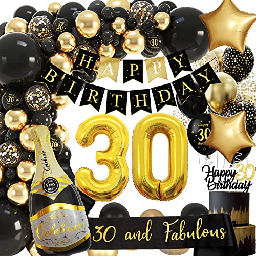 30 Geburtstag Deko, 30 Geburtstag Mann Frauen, Geburtstagsdeko 30, Schwarz Gold Deko mit Happy Birthday Girlande, Deko 30 Geburtstag, Luftballon 30 für 30 Männer Geburtstag Dekorationen