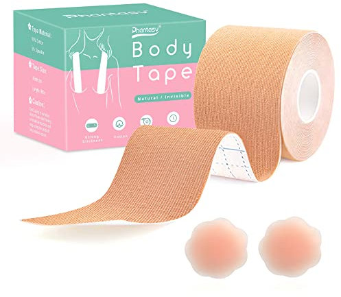 Phantasy Boob Tape,Reggiseno Invisibile Adesivo con 1 Rotolo Boob Tape + 2pcs di Siliconico Copri Capezzoli Reggiseno Schiena Scoperta, Reggiseno Donna per Abiti da Cerimonia