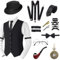 1920er Herren Zubehör Gatsby Gangster Kleidung Kostüm Cosplay Outfit,20er Kostüm Zubehör Set,Hut, Taschenuhr, Metallbrille, Hosenträger Kostüm Herre 20er für Mann Halloween Cosplay (Schwarz, M)