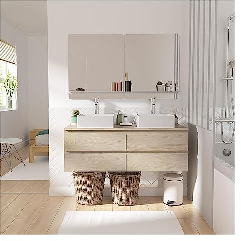 MOB-IN Meuble Double Vasque 120cm avec Plan Bois Sorrento chêne+Vasque+Robinet+Miroir