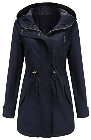 PAIDAXING Parka imperméable légère et pliable pour femme avec poche - Trench à capuche - Manches longues - Coupe-vent - Pour la randonnée - Vêtement de sport, A#1 - Bleu marine, L
