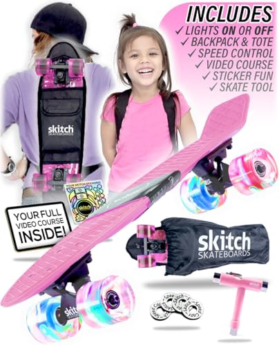SKITCH Complete Skateboards for Kids Ages 6-12 | Beginner Skateboard Complete Gift Set 22 Mini Cruiser Board + Skateboard Backpack + Speed Control + Skate Tool + Tote Bag (Bubblegum Pink LED+)