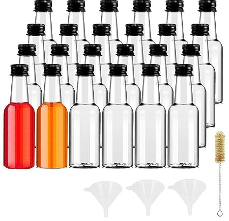 YBCPACK kleine flaschen zum befüllen 24 Stück - 50ml Mini Shot fläschchen mit Deckel für Hochzeit, Party, Kunst - Inklusive 3 Mini Plastik Trichter und 1 Bürste