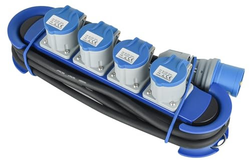Electraline 62582 Multipresa Camping Outdoor con Spina CEE, 4 Prese CEE 16A (2P+T) con tappo IP44, appendibile con 2 Ganci + Elastici Fermacavo, Cavo 3M H07RN-F 3G2.5, Campeggio, Caravan
